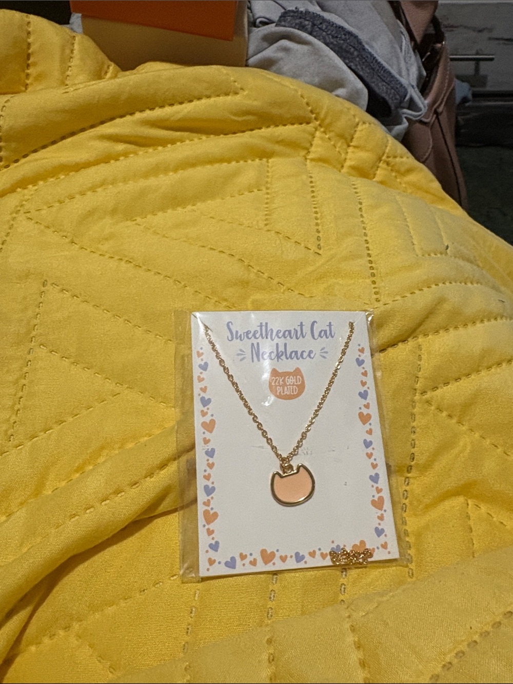 Sweetheart Cat Necklace - Gold Tone with Pink Enamel